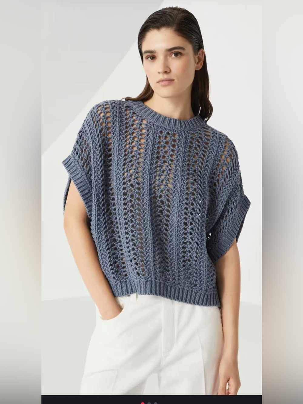 Brunello Cucinelli Open-Knit Short Sleeve Pullover Sweater in Slate Blue
